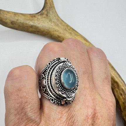 Vintage Silver Bronze Poison Ring Blue Chalcedony Statement Ring-Rings-TomWayne Jewelers