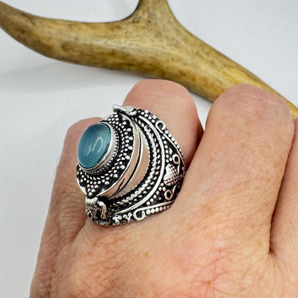 Vintage Silver Bronze Poison Ring Blue Chalcedony Statement Ring-Rings-TomWayne Jewelers