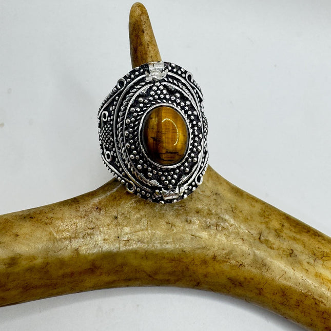 Vintage Poison Ring Tigers Eye Silver Bronze Pill Box Statement Ring-Rings-TomWayne Jewelers