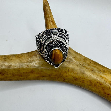 Vintage Poison Ring Tigers Eye Silver Bronze Pill Box Statement Ring-Rings-TomWayne Jewelers