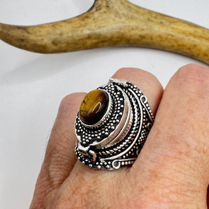 Vintage Poison Ring Tigers Eye Silver Bronze Pill Box Statement Ring-Rings-TomWayne Jewelers