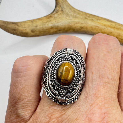 Vintage Poison Ring Tigers Eye Silver Bronze Pill Box Statement Ring-Rings-TomWayne Jewelers