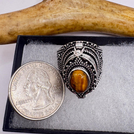 Vintage Poison Ring Tigers Eye Silver Bronze Pill Box Statement Ring-Rings-TomWayne Jewelers