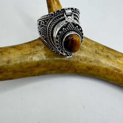 Vintage Poison Ring Tigers Eye Silver Bronze Pill Box Statement Ring-Rings-TomWayne Jewelers