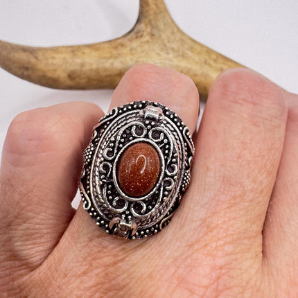 Vintage Goldstone Poison Silver Bronze Pill Box Statement Ring-Rings-TomWayne Jewelers