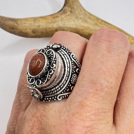 Vintage Goldstone Poison Silver Bronze Pill Box Statement Ring-Rings-TomWayne Jewelers