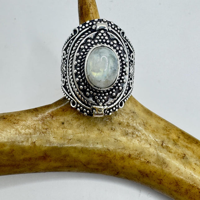 Vintage Rainbow Moonstone Poison Ring Silver Bronze-Rings-TomWayne Jewelers