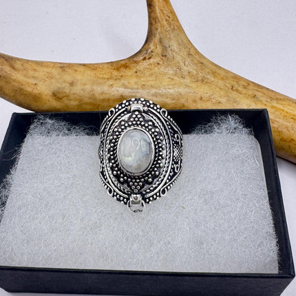 Vintage Rainbow Moonstone Poison Ring Silver Bronze-Rings-TomWayne Jewelers