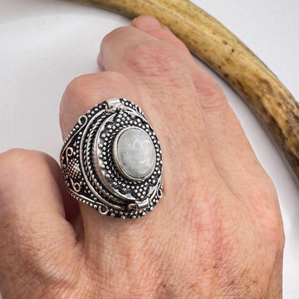 Vintage Rainbow Moonstone Poison Ring Silver Bronze-Rings-TomWayne Jewelers