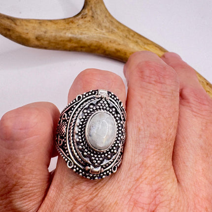Vintage Rainbow Moonstone Poison Ring Silver Bronze-Rings-TomWayne Jewelers
