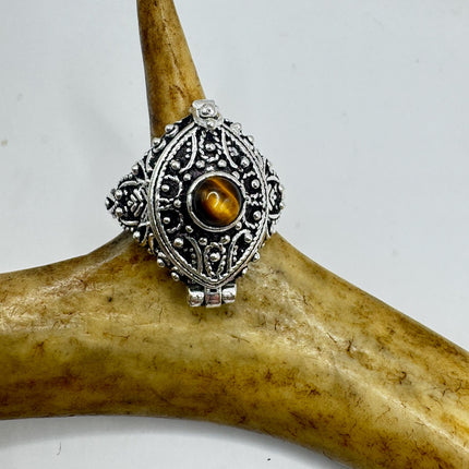 Vintage Poison Ring Tigers Eye Silver Bronze Pill Box Statement Ring-Rings-TomWayne Jewelers