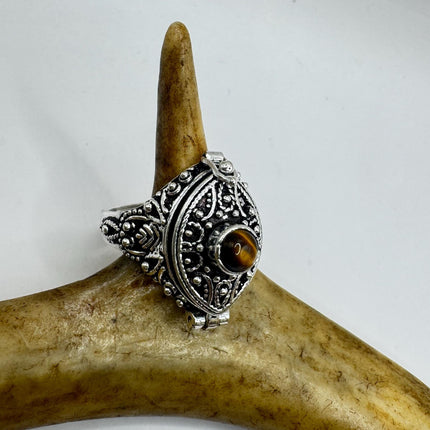 Vintage Poison Ring Tigers Eye Silver Bronze Pill Box Statement Ring-Rings-TomWayne Jewelers