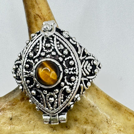 Vintage Poison Ring Tigers Eye Silver Bronze Pill Box Statement Ring-Rings-TomWayne Jewelers