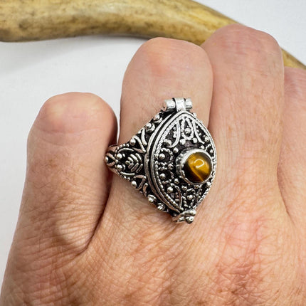Vintage Poison Ring Tigers Eye Silver Bronze Pill Box Statement Ring-Rings-TomWayne Jewelers