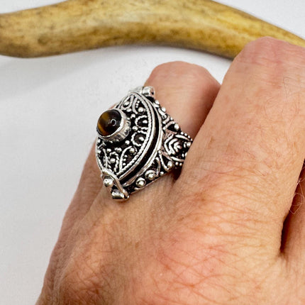Vintage Poison Ring Tigers Eye Silver Bronze Pill Box Statement Ring-Rings-TomWayne Jewelers