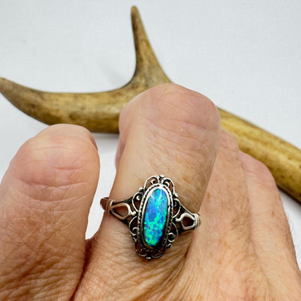 Vintage Blue Opal Sterling Silver Ring: Celtic Boho Band