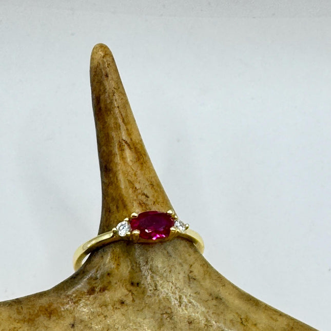 Vintage Tiny Red Ruby Clear Crystal Stacking Ring - Gold 925 Sterling Silver