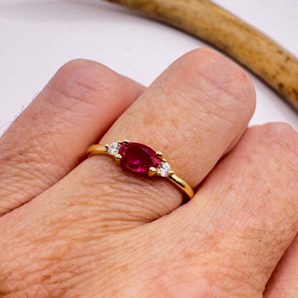 Vintage Tiny Red Ruby Clear Crystal Stacking Ring - Gold 925 Sterling Silver