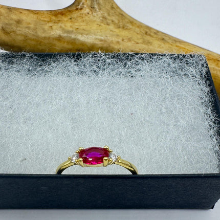 Vintage Tiny Red Ruby Clear Crystal Stacking Ring - Gold 925 Sterling Silver