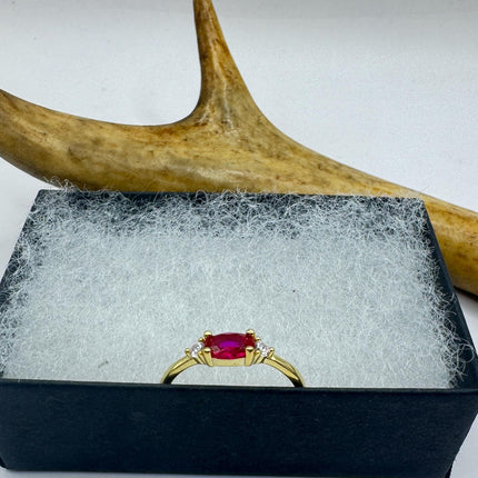 Vintage Tiny Red Ruby Clear Crystal Stacking Ring - Gold 925 Sterling Silver