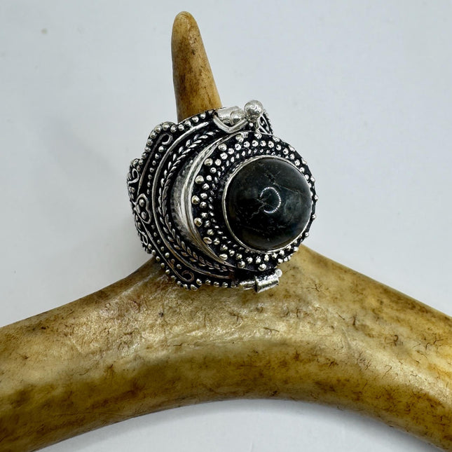 Vintage Silver Bronze Poison Ring | Labradorite | Statement Ring-Rings-TomWayne Jewelers