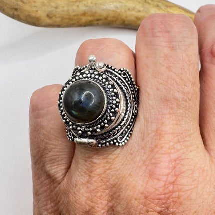 Vintage Silver Bronze Poison Ring | Labradorite | Statement Ring-Rings-TomWayne Jewelers