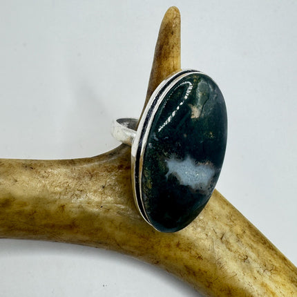 Vintage Green Moss Agate Silver Bronze Ring: Statement Jewelry-Rings-TomWayne Jewelers