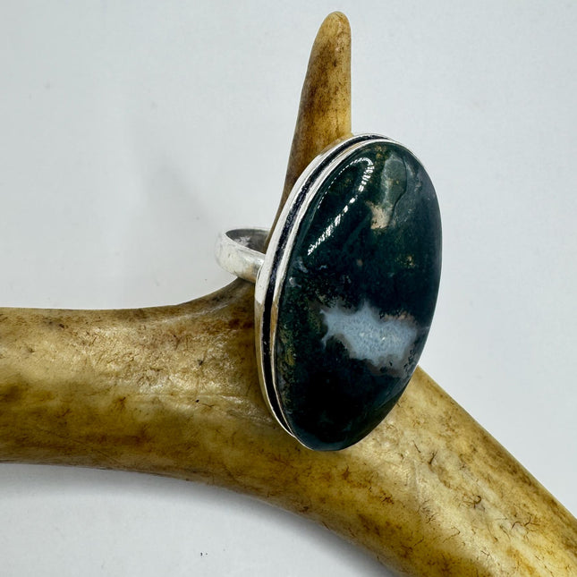 Vintage Green Moss Agate Silver Bronze Ring: Statement Jewelry-Rings-TomWayne Jewelers