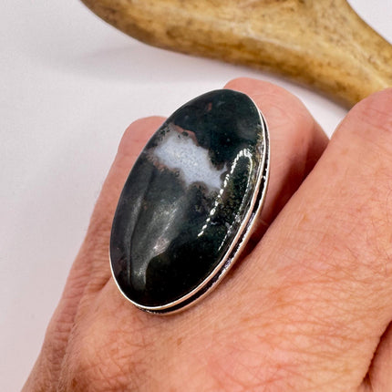 Vintage Green Moss Agate Silver Bronze Ring: Statement Jewelry-Rings-TomWayne Jewelers