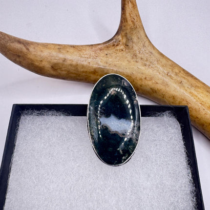 Vintage Green Moss Agate Silver Bronze Ring: Statement Jewelry-Rings-TomWayne Jewelers