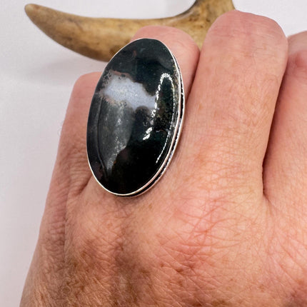Vintage Green Moss Agate Silver Bronze Ring: Statement Jewelry-Rings-TomWayne Jewelers