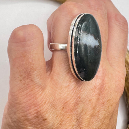 Vintage Green Moss Agate Silver Bronze Ring: Statement Jewelry-Rings-TomWayne Jewelers