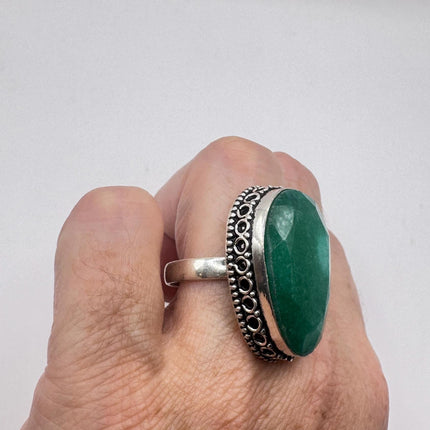 Vintage Green Emerald Boho Cocktail Ring Silver-Rings-TomWayne Jewelers