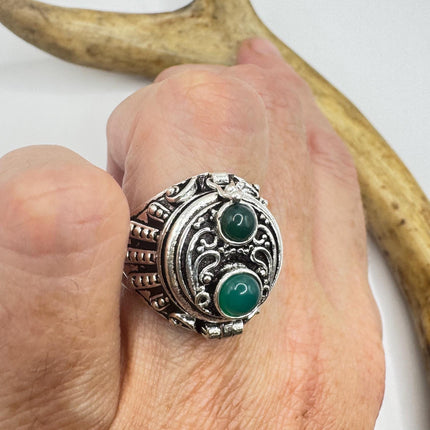 Vintage Silver Bronze Poison Ring | Retro Green Chrysoprase Unique Gift Statement Ring-Rings-TomWayne Jewelers