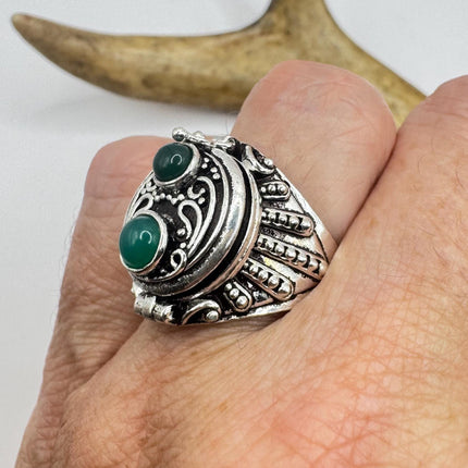 Vintage Silver Bronze Poison Ring | Retro Green Chrysoprase Unique Gift Statement Ring-Rings-TomWayne Jewelers