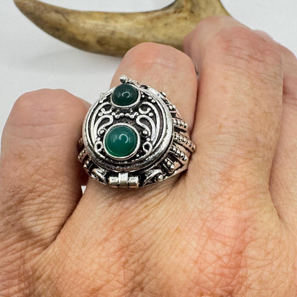 Vintage Silver Bronze Poison Ring | Retro Green Chrysoprase Unique Gift Statement Ring-Rings-TomWayne Jewelers