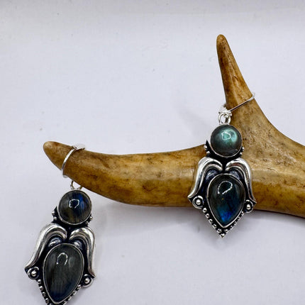 Vintage Labradorite Dangle Earrings Sterling Silver Leverbacks-Earrings-TomWayne Jewelers