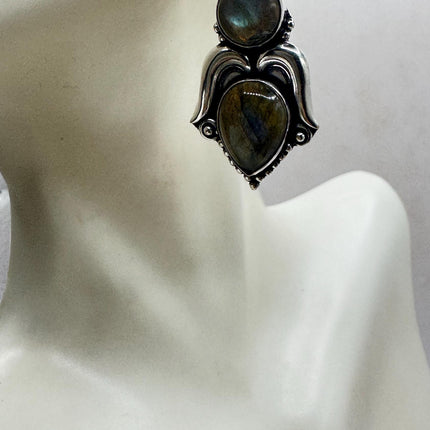 Vintage Labradorite Dangle Earrings Sterling Silver Leverbacks-Earrings-TomWayne Jewelers