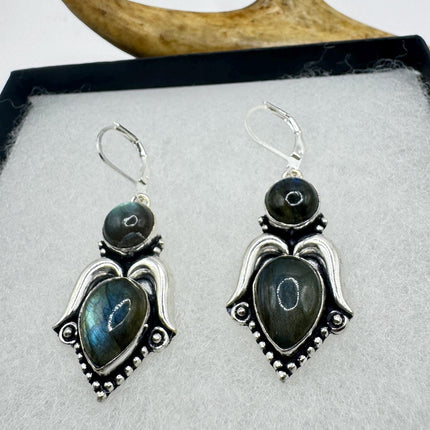 Vintage Labradorite Dangle Earrings Sterling Silver Leverbacks-Earrings-TomWayne Jewelers