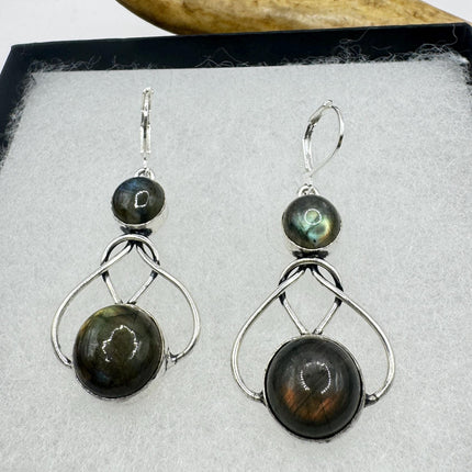 Vintage Labradorite Dangle Earrings Sterling Silver Leverbacks-Earrings-TomWayne Jewelers