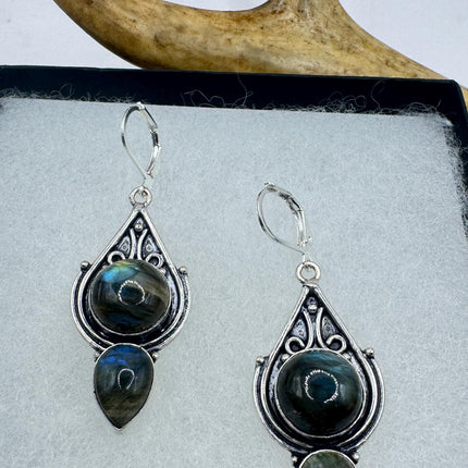 Vintage Labradorite Dangle Earrings Sterling Silver Leverbacks-Earrings-TomWayne Jewelers