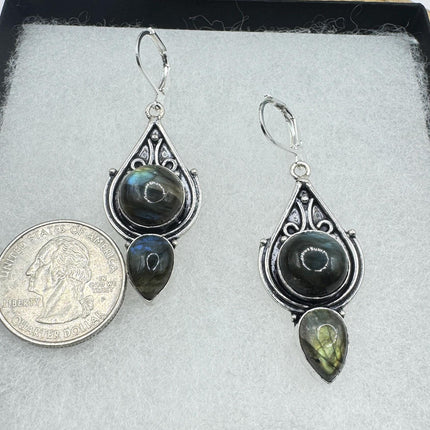 Vintage Labradorite Dangle Earrings Sterling Silver Leverbacks-Earrings-TomWayne Jewelers