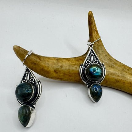 Vintage Labradorite Dangle Earrings Sterling Silver Leverbacks-Earrings-TomWayne Jewelers