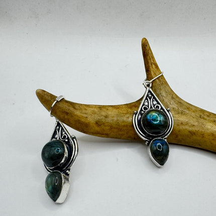 Vintage Labradorite Dangle Earrings Sterling Silver Leverbacks-Earrings-TomWayne Jewelers
