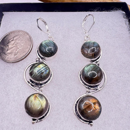 Vintage Labradorite Dangle Earrings Sterling Silver Leverbacks-Earrings-TomWayne Jewelers