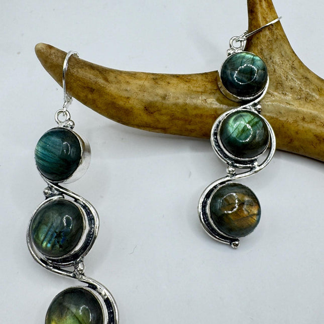 Vintage Labradorite Dangle Earrings Sterling Silver Leverbacks-Earrings-TomWayne Jewelers