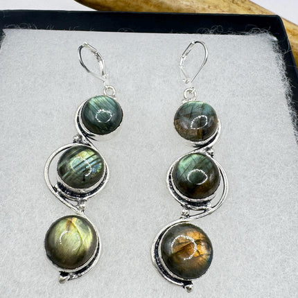 Vintage Labradorite Dangle Earrings Sterling Silver Leverbacks-Earrings-TomWayne Jewelers