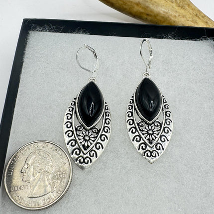 Vintage Black Onyx Dangle Earrings Sterling Silver Leverbacks-Earrings-TomWayne Jewelers