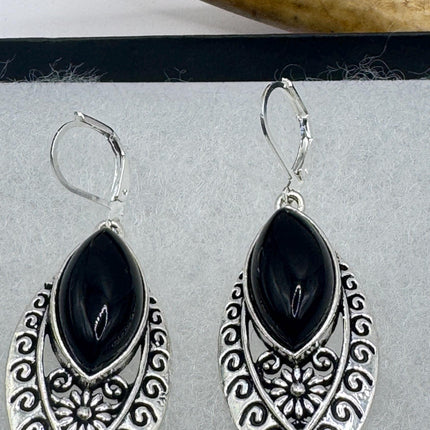 Vintage Black Onyx Dangle Earrings Sterling Silver Leverbacks-Earrings-TomWayne Jewelers