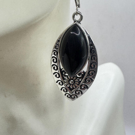 Vintage Black Onyx Dangle Earrings Sterling Silver Leverbacks-Earrings-TomWayne Jewelers